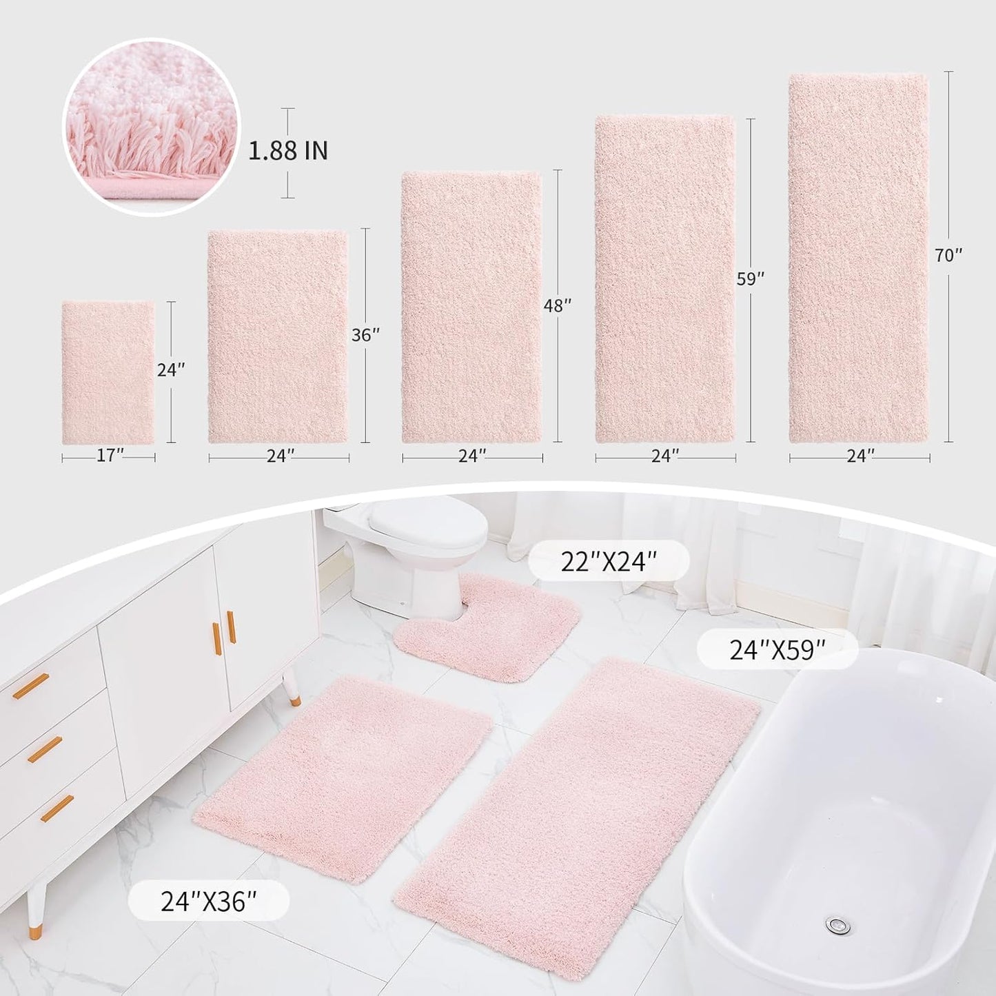 Pink Bathroom Rug 24x48 Non Slip Fluffy Bath Mat for Bathroom Floor Washable Plush Luxury Bath Rug for Tub Soft Shaggy Absorbent Shower Sink Mat