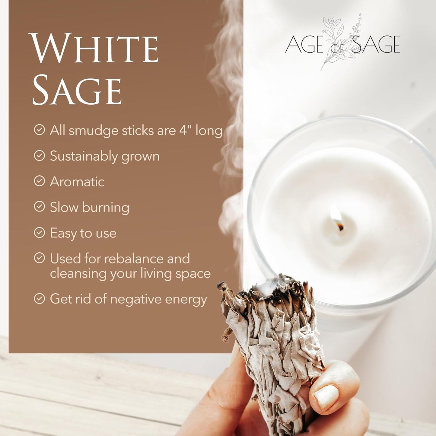 White Sage Smudge Sticks 4" Long - Burning Sage Bundle for Cleansing House, 3pk
