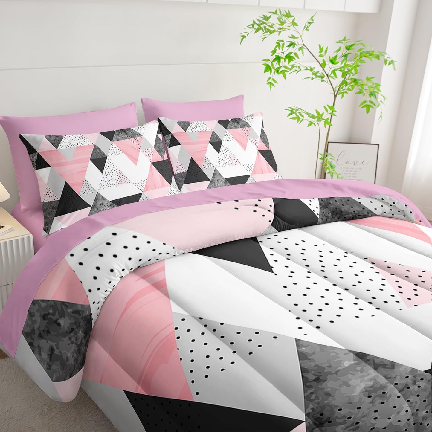 Twin Size Comforter Set - 7 Piece Pink & Gray Triangle Geometric Bedding, Ultra Soft Microfiber, Modern Aesthetic, All Season