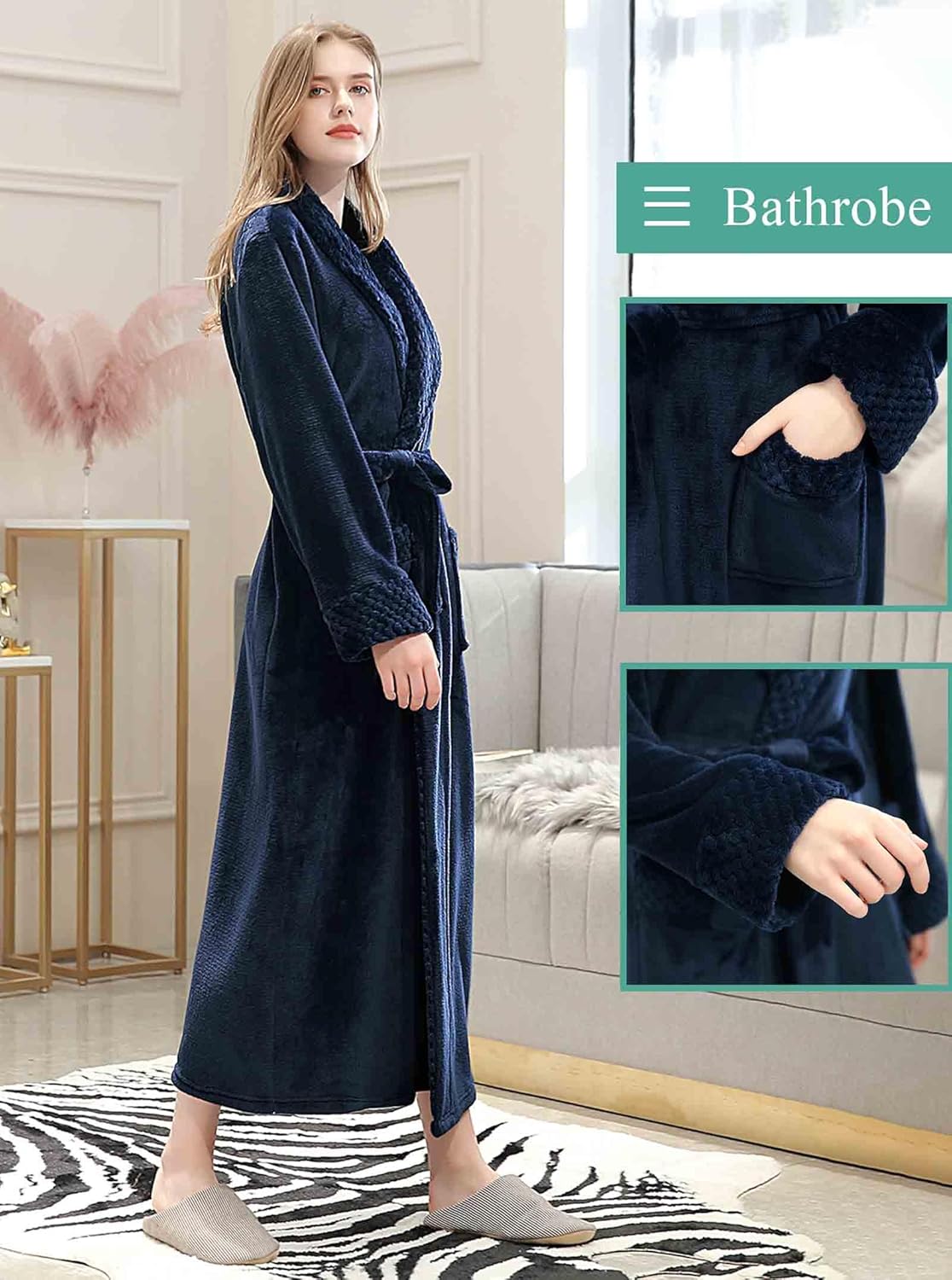 Artfasion Womens Long Fleece Robe - Warm Soft Floor Length Flannel Bathrobes for Winter Thicker Long House Coat with Pockets