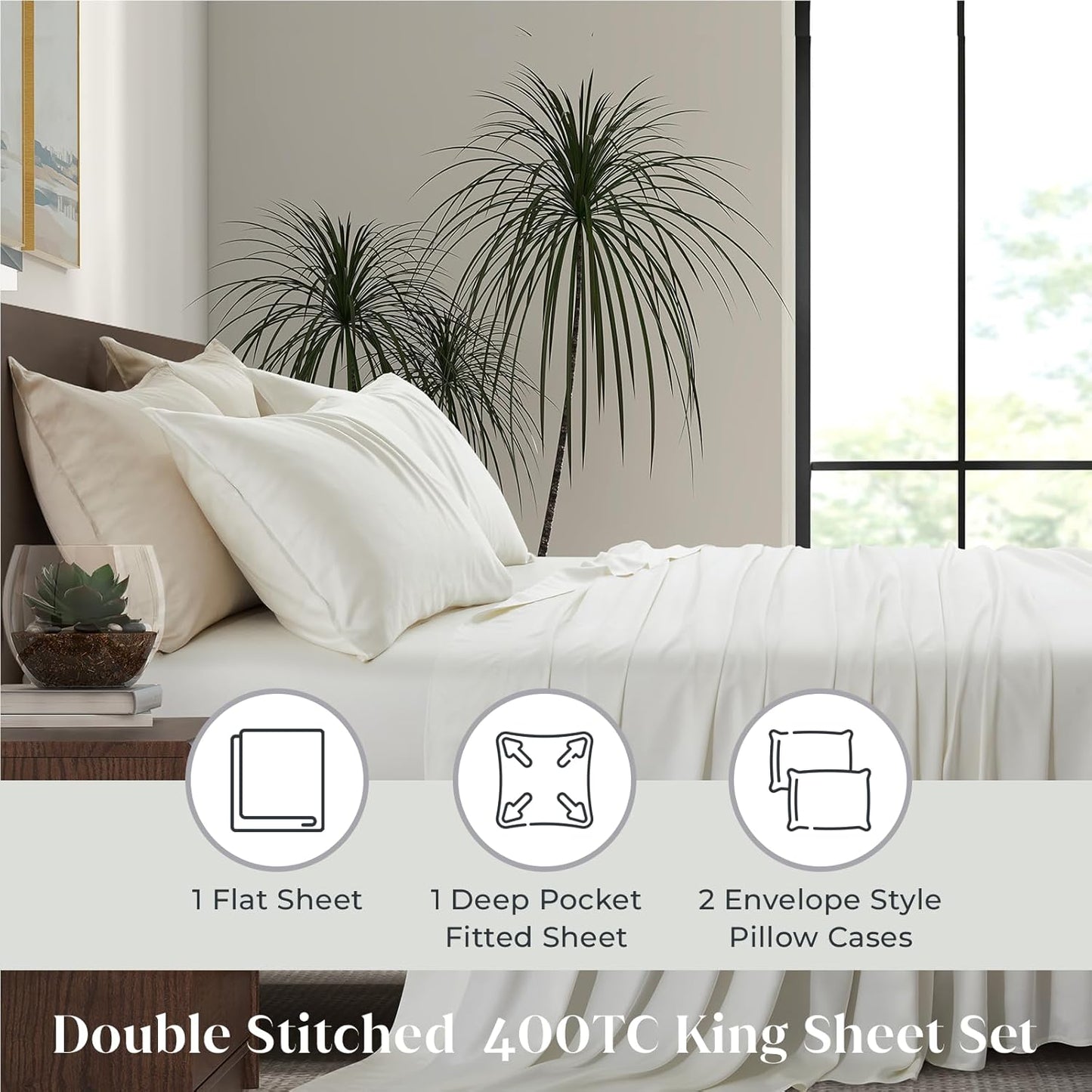Luxury Bamboo Market | King Size Bed Sheet Set | 100% Viscose Made from Bamboo | Organically Grown | Ultra Soft | Cooling Sheets for Hot Sleepers | 17" Deep Pocket [Opulent Ivory]