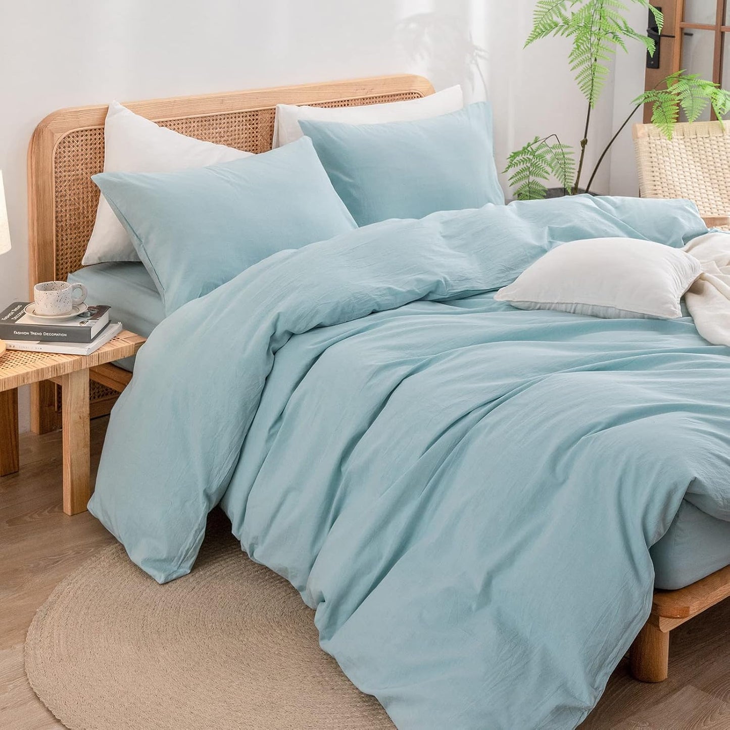 BESTOUCH Duvet Cover Set 100% Washed Cotton Linen Feel Super Soft Comfortable Chic Lightweight 3 PCs Home Bedding Set Solid Hushed Green Cal King