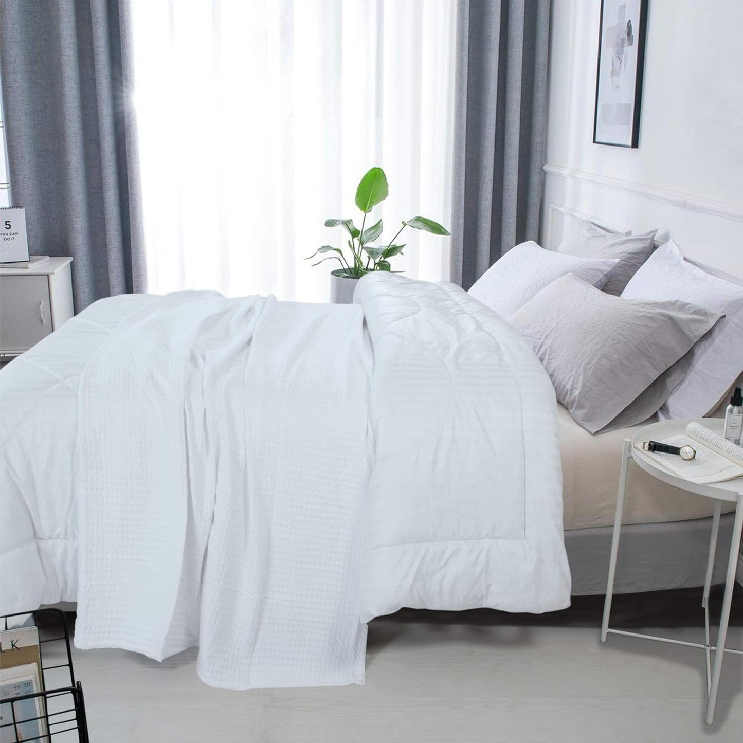 HILLFAIR 100% Combed Cotton Blanket–102x108 Inch California King Size Bed Blankets– Warm Soft All Season Breathable Blankets– Extra Large Oversized California King Blanket- White King Cotton Blankets