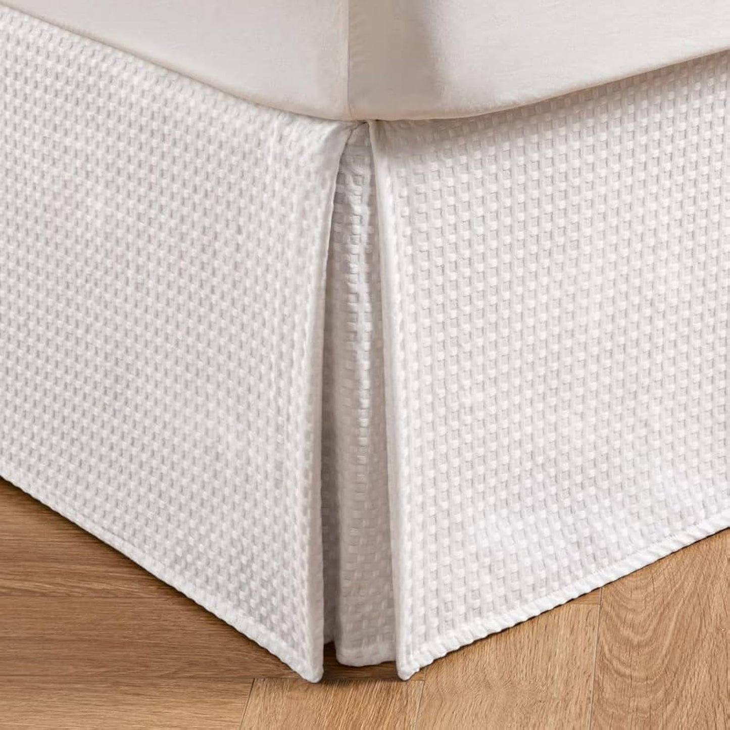 MIYE Pleated Waffle Weave Bed Skirt, Tailored Dust Ruffle 16 Inch Drop Easy Fit, Machine Washable (White, Full - 16" Drop)