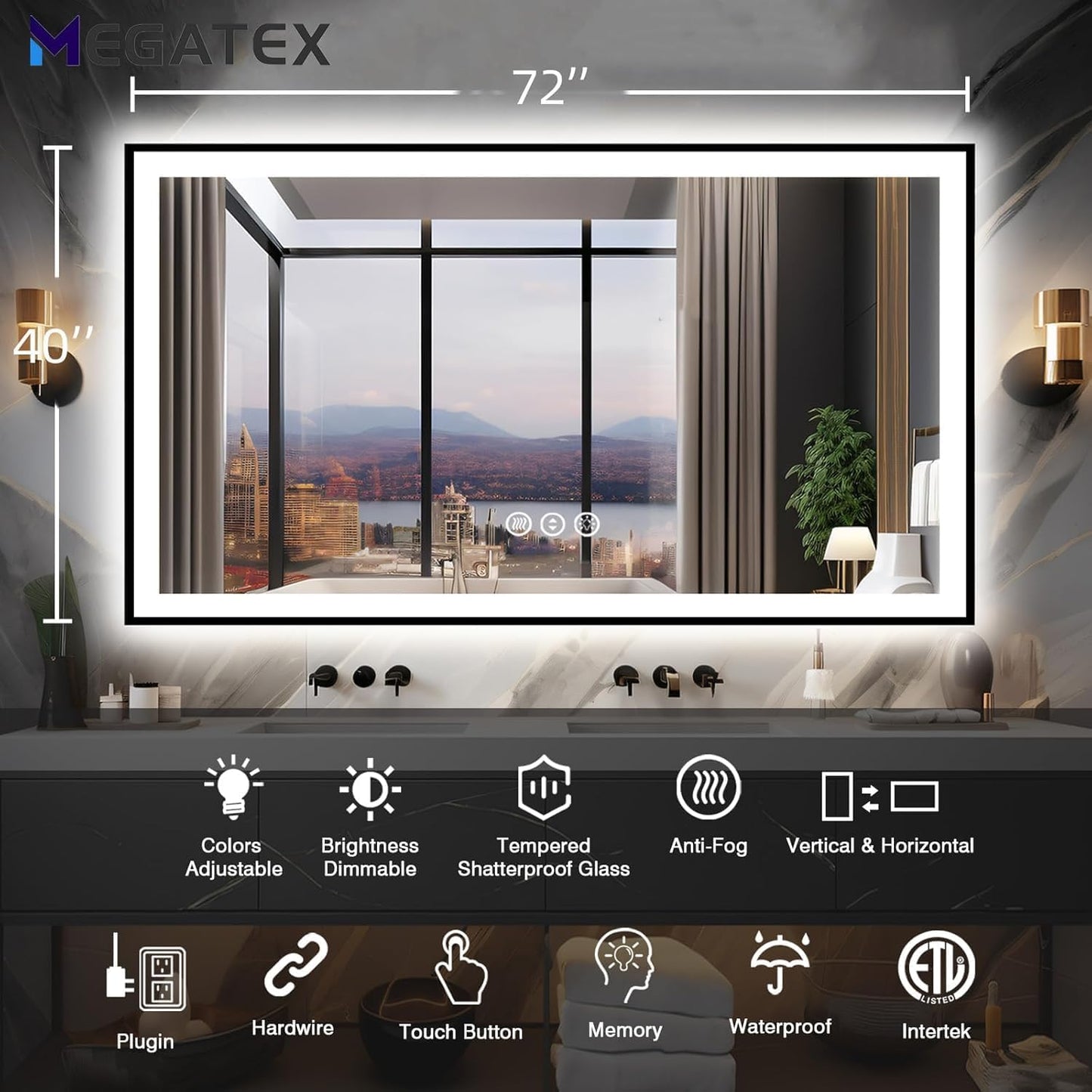 73x40 Lighted Mirrors for Bathroom Wall, Modern Rectangle Matte Black Mirror, Tempered Glass，Double Lights, 3 Colors Dimmable Temperature, IP54 Enhanced Anti-Fog, Memory (Horizontal/Vertical)