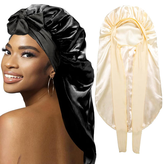2Pcs Bonnets for Black Women Braid Bonnet, Large Long Satin Bonnet for Braids, Silk Bonnet with Stretchy Tie Band Sleep Cap Hair (2Pcs-Black&Gold)