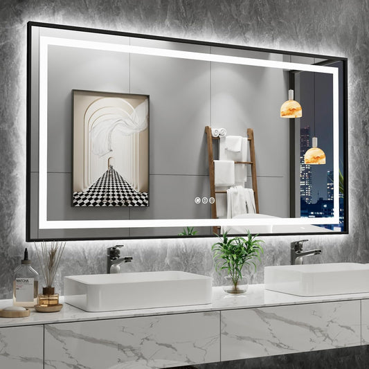 Amorho 48" X30" LED Mirror for Bathroom Black, Front Light and Backlit, Stepless Dimmable, Anti-Fog, Shatter-Proof, Memory, 3 Colors, Double LED Vanity Mirror