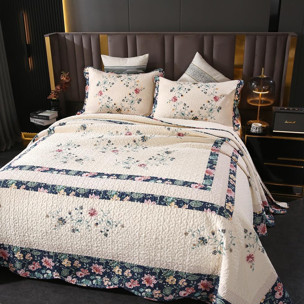 Quilt Set Floral Leaves 3D Embroidery Pattern 3 PCS Cotton Reversible Quilted Embroidered Decorative Bedspreads Coverlet Set, Lightweight &Soft Queen Size Beige Bedding Coverlet for All Season