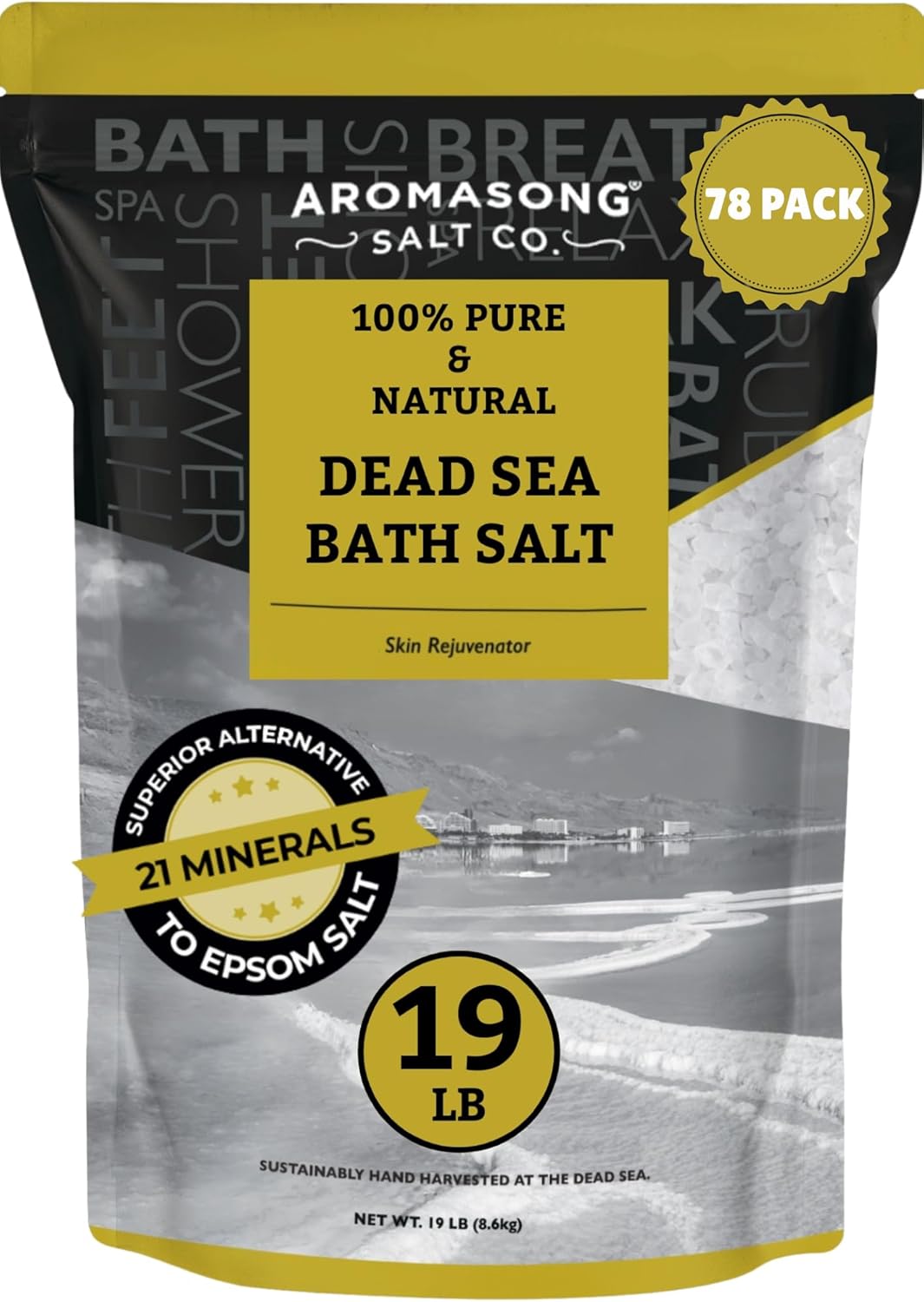 Aromasong Dead Sea Salt - Spa Bath Salt - Bulk 19 Lb Pack of 78 (1482 Lbs Total) Fine Grain - 100% Pure - Better Absorbing Than Epsom Salt - Soak for Women & Men for Skin Issues and Relaxation