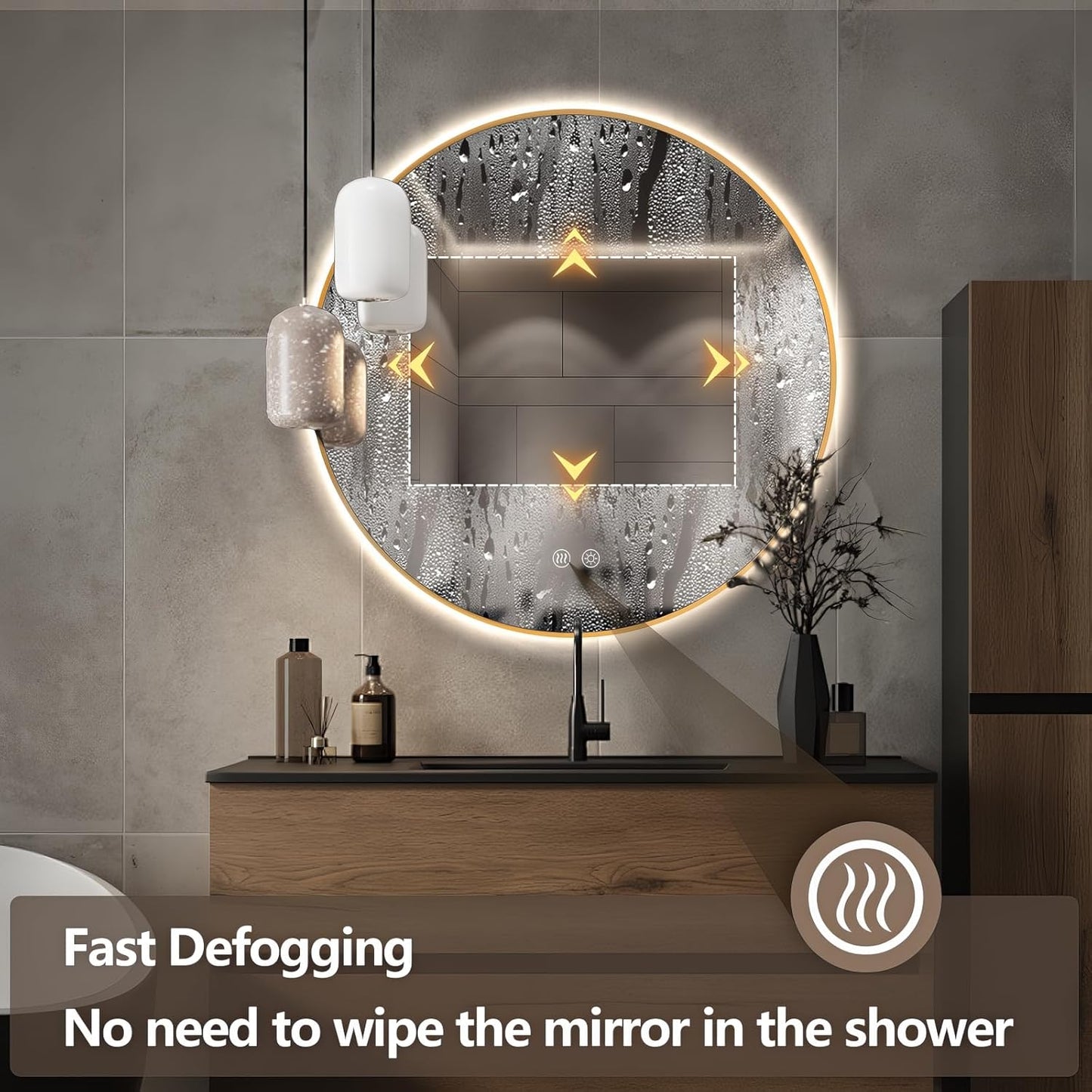 Niccy Round Led Mirror for Bathroom, 32" Backlit Mirror for Wall Circle Lighted Mirror with Gold Frame Anti-Fog, 3 Colors, HD Glass and IP65 Waterproof