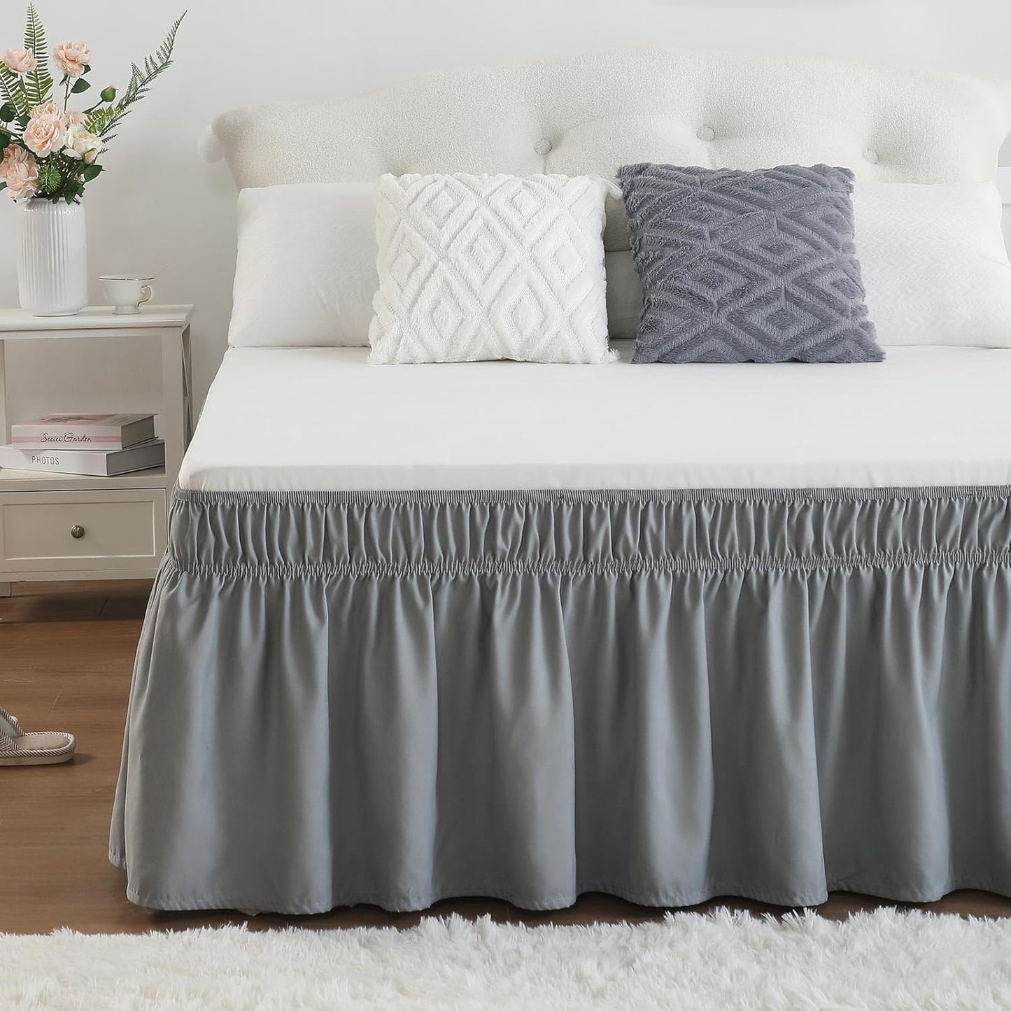 RIMELA Gray King Size Bed Skirt 18 Inch Drop, Elastic Bed Skirts Cal King Dust Ruffle, Light Grey Bedskirt for Adjustable Bed Base Solid Fade Resistant Silky Fabric Machine Washable Easy to Install