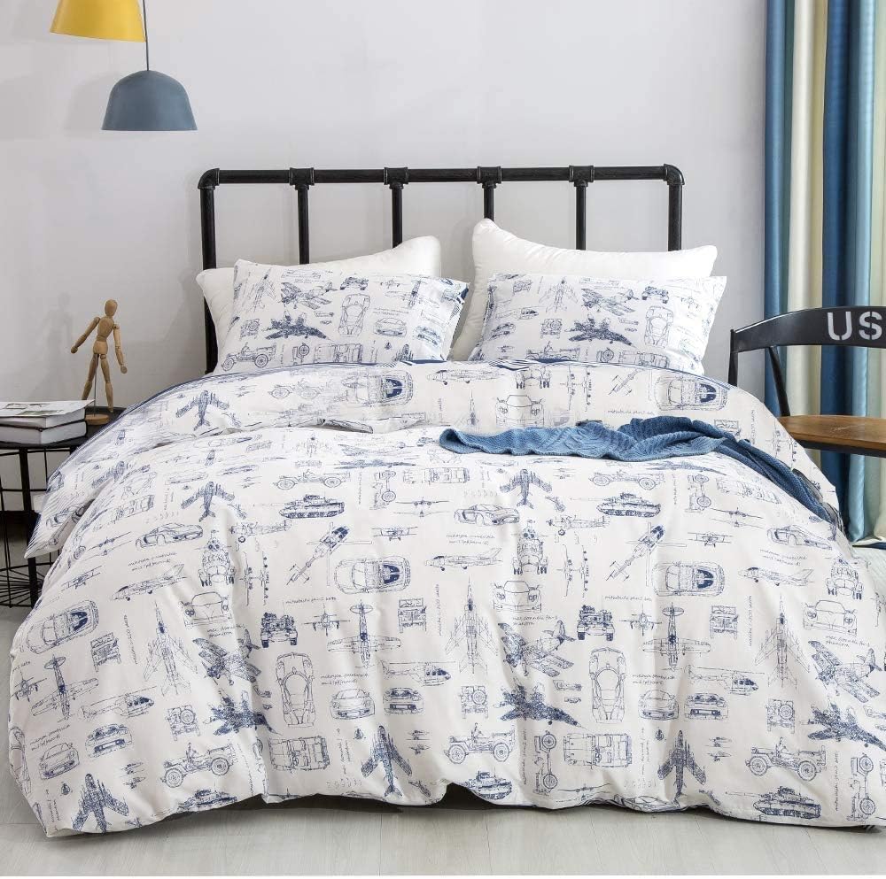 KAREVER Aircraft Comforter Set Queen Boys White Cartoon Bedding Set Alternative Comforters Airplane Car Tank Printed Bedding Blanket Full for Children Teen Boy with Microfiber Inner Insert