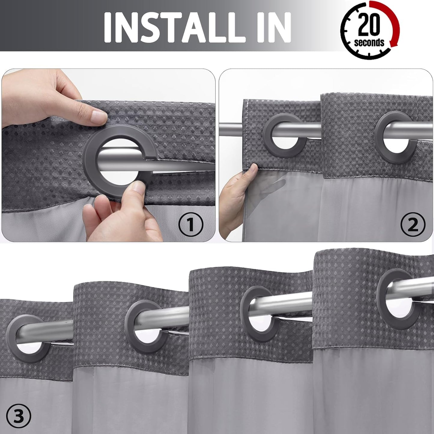 YellyHommy No Hook Shower Curtain with Snap in Liner Set Less Waffle Shower Curtain for Bathroom (Dark Grey, 87" L x 72" W)