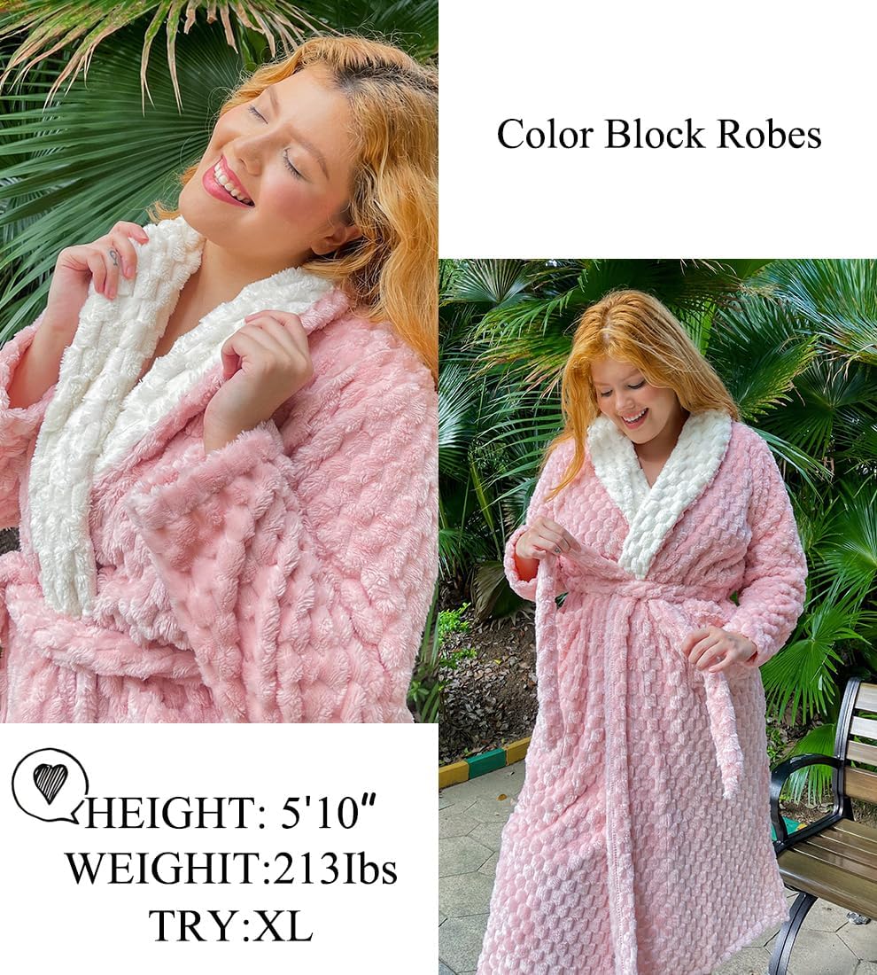 Ekouaer Women's Robe Long Plush Soft Bathrobe Jacquard Color Block Robes Shawl Collar Sleepwear with Pockets S-XXL