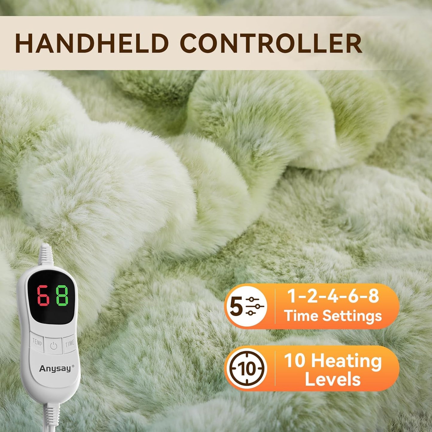 Heated Blanket Throw with 1/2/4/6/8 Hours Auto-Off 10 Heat Level, 72'' * 84'' Cozy Faux Rabbit Fur Bubble Electric Blanket with Overheat Protection(Tie-Dye Green)