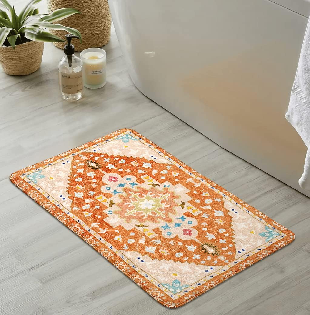 Uphome Boho Tribal Bathroom Rugs Orange Cute Floral Bath Mat Non-Slip Machine Washable Small Rug Soft Oriental Bath Mats for Bathroom Decor for Sink Shower Doormat Tub, 18x25 inch