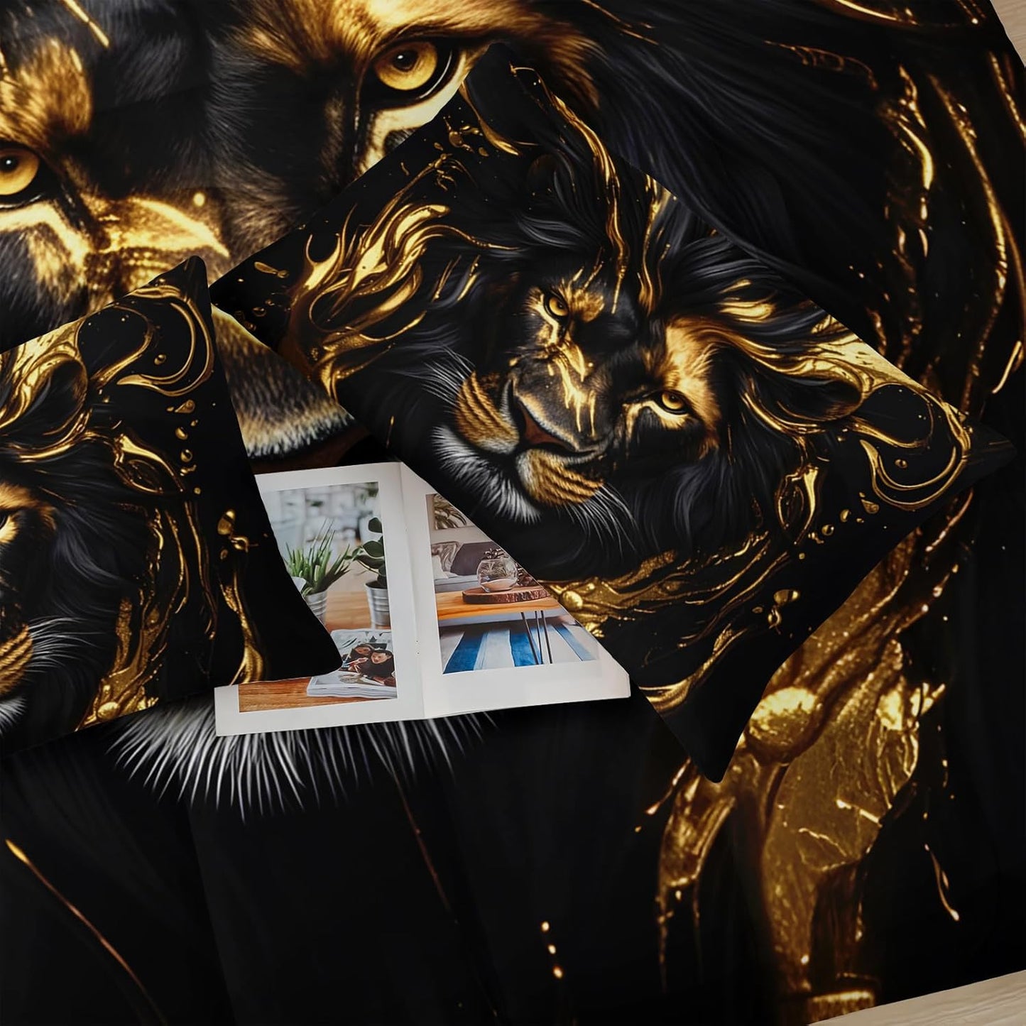 Black & Gold King Comforter Set Lion，Animal Print King Size Bedding，with 1 Comforter with 2 Pillow Case，Lion Themed Bedroom Decor for Boy Kids