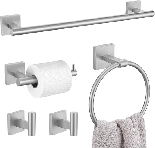 5 Pieces Bathroom Hardware Set, Brushed Nickel Towel Bar Set Includes 23.6” Towel Bar, Towel Ring Holder, Toilet Paper Holder and Two Towel Hooks, Bathroom Accessories Set SUS304 Wall Mounted