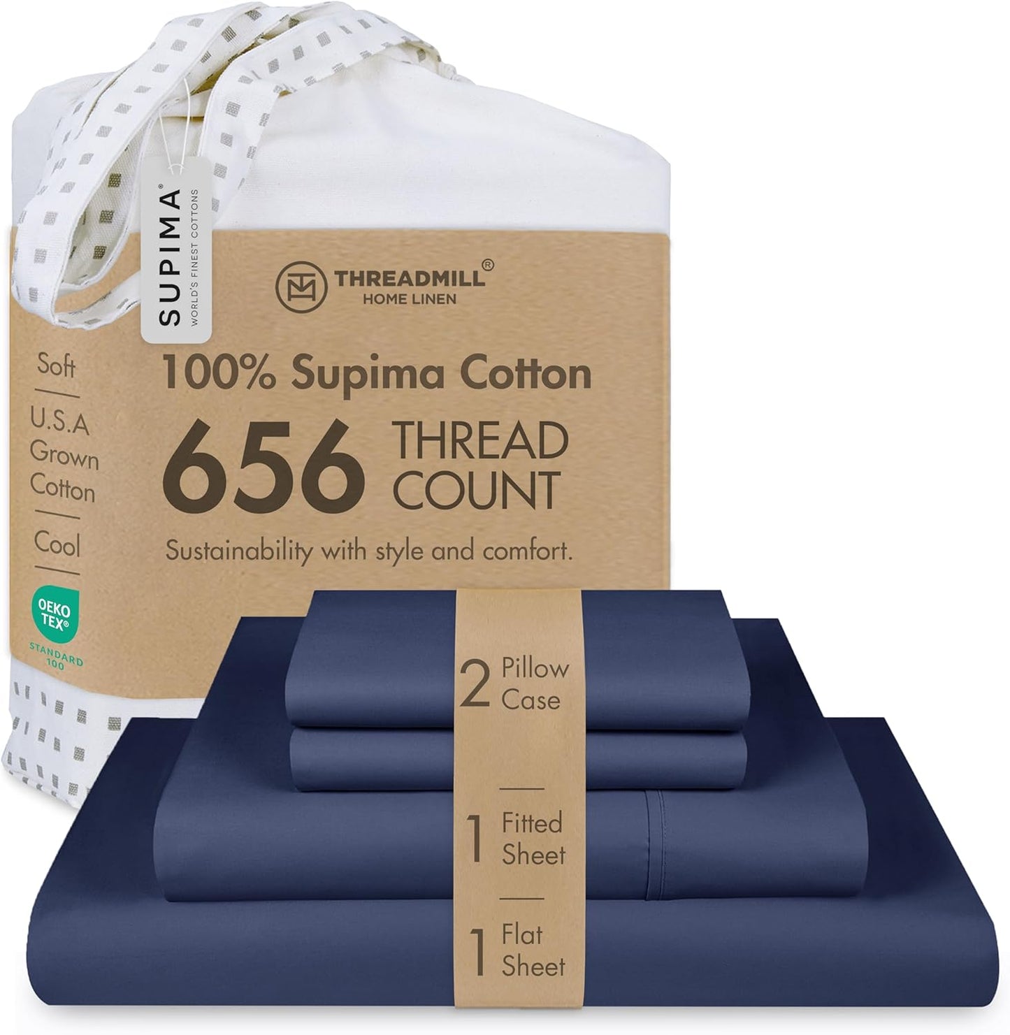 Threadmill California King Sheet Sets |Certified American Supima Cotton Sheets | 656 Thread Count 4 Piece Hotel Quality Luxury Bed Sheets Set with Elasticized Extra Deep Pocket | Folkstone Blue Sheets