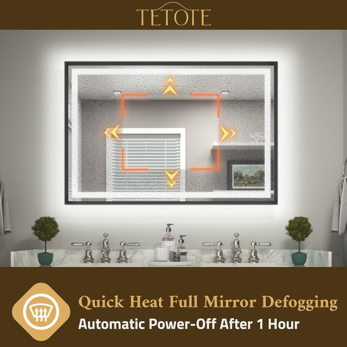 TETOTE 40 x 32 Led Mirror Brushed Black Metal Frame Frontlit & Backlit Vanity Mirror Anti-Fog Stepless Dimmable 3 Colors White/Warm/Natural Wall Mirror with Lights Wall-Mounted