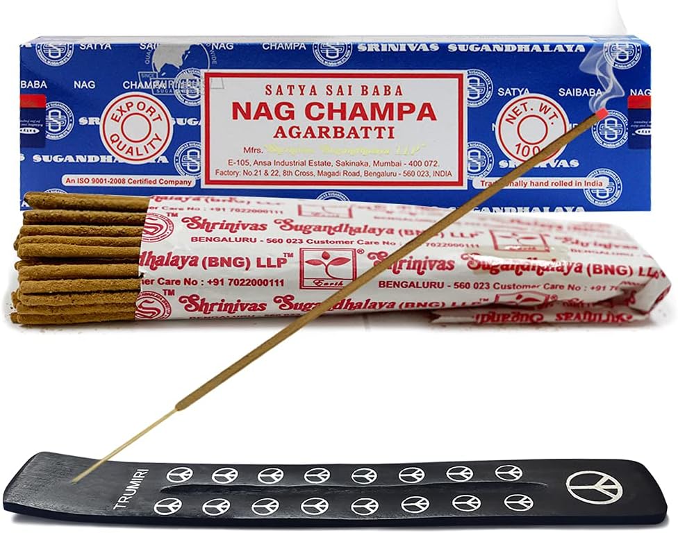 TRUMIRI Incense Stick Holder Bundle with Satya Sai Baba Nagchampa 100g Incense Sticks - Pack of 1 (Approx 100 Sticks)