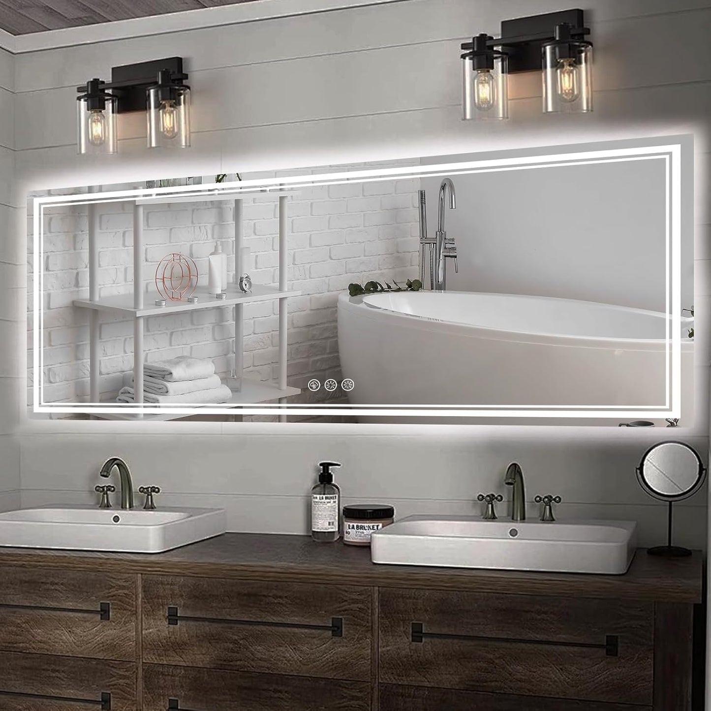 84x40 Inch LED Bathroom Mirror with Frontlit & Backlit（Independent Control）, Lighted Mirror for Bathroom Wall with 3-Color Dimmable & Anti-Fog, Vanity Mirror with Lights
