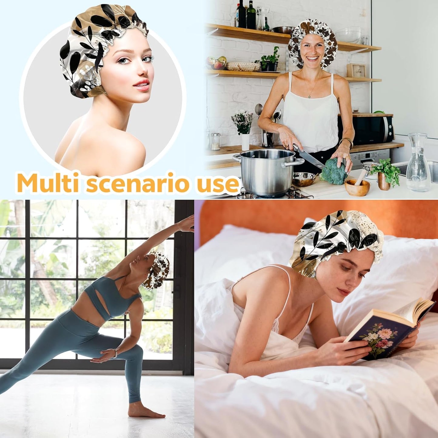 2 PCS Bonnets for Women Girls Satin Hair Bonnet Silk Adjustable Elastic Double Layer Hair Wrap Sleep Cap Comfort Cute-Cowhide Leaf