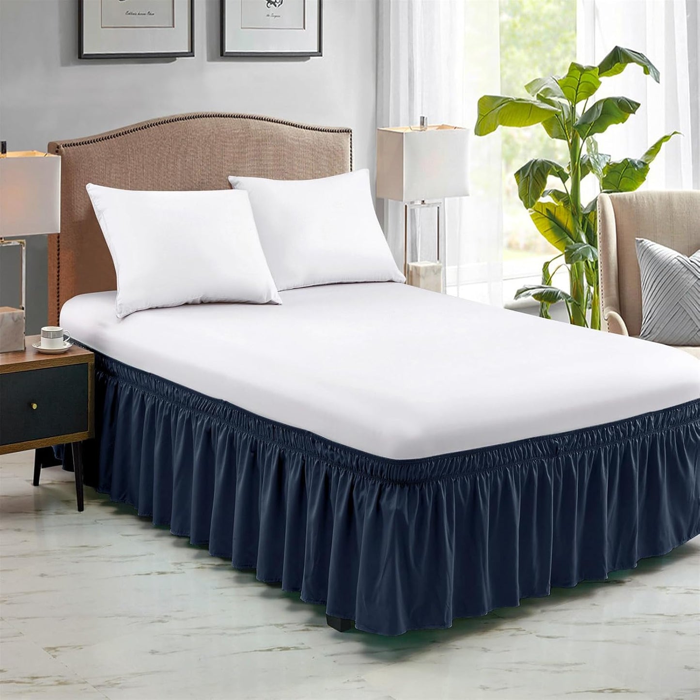 FreshCulture Full Bed Skirt, Elastic Wrap Around Bed Skirt Full Bed, Easy Fit with 15-Inch Tailored Drop, Hotel Quality Dust Ruffle for Full Size Bed, Bed Skirt Full Size (Navy Blue)