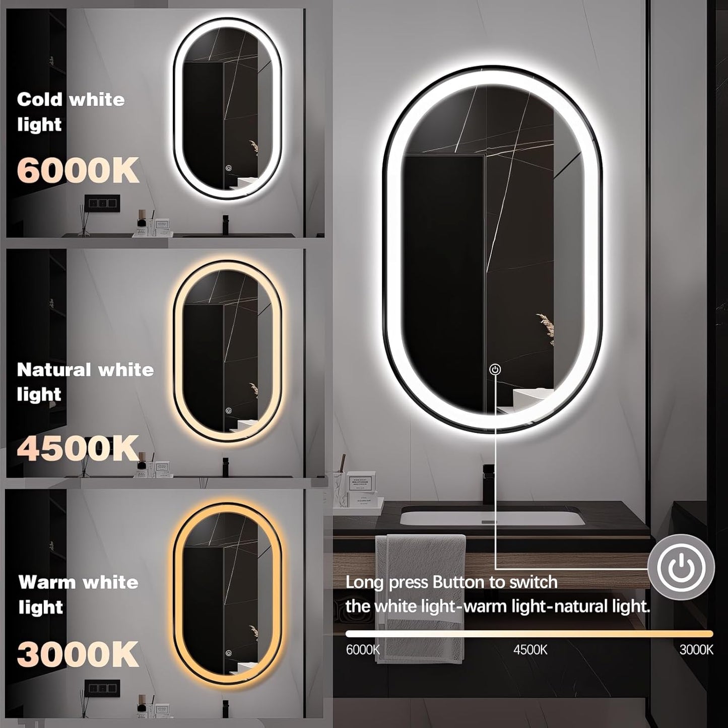Oval LED Bathroom Mirror, 40"x24" Lighted Wall Mounted Vanity Mirror with Metal Frame, Anti-Fog IP66 Waterproof Smart Mirror, Memory Function, (Horizontal or Vertical), Black