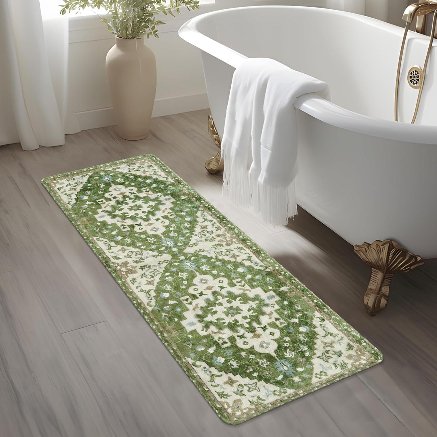 Uphome Boho Retro Bathroom Runner Sage Green Non-Slip Soft Long Bathroom Rugs Runner Oriental Tribal Machine Washable Bath Mat Farmhouse Cute Floral Bath Rug for Sink Tub Kids Room, 18x47 inch