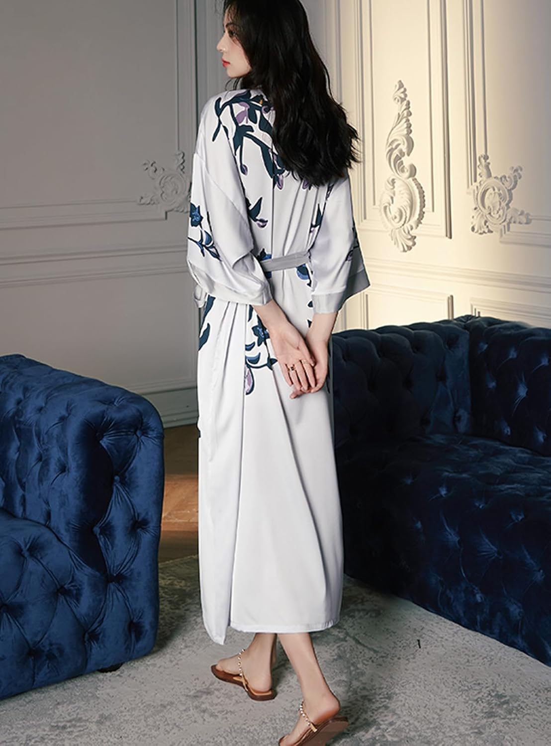 Silk Satin Robe for Women Long Japanese Kimono Robe Lightweight Soft Bathrobe Floral Luxury Dressing Gown