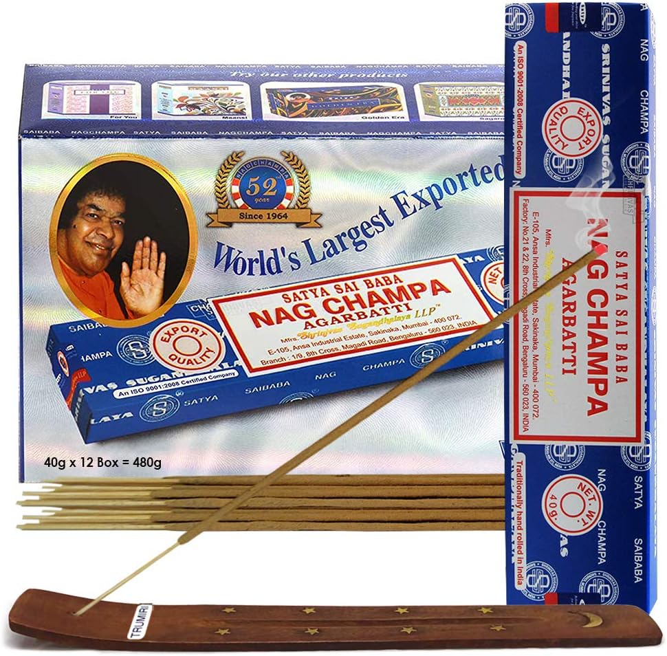 Nag Champa Incense Sticks 40g x 12 and Incense Stick Holder Bundle Insence Insense Satya Incense