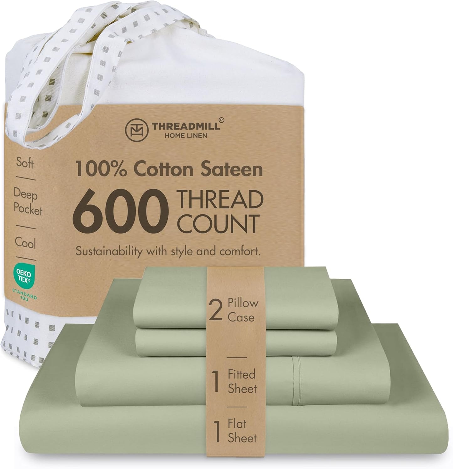 Threadmill 100% Cotton Sheets for King Size Bed - 600 Thread Count King Bed Sheets Set with 16” Deep Pocket - Sateen Weave 4-Piece Bedding Set with Cooling Effect, Sage Green