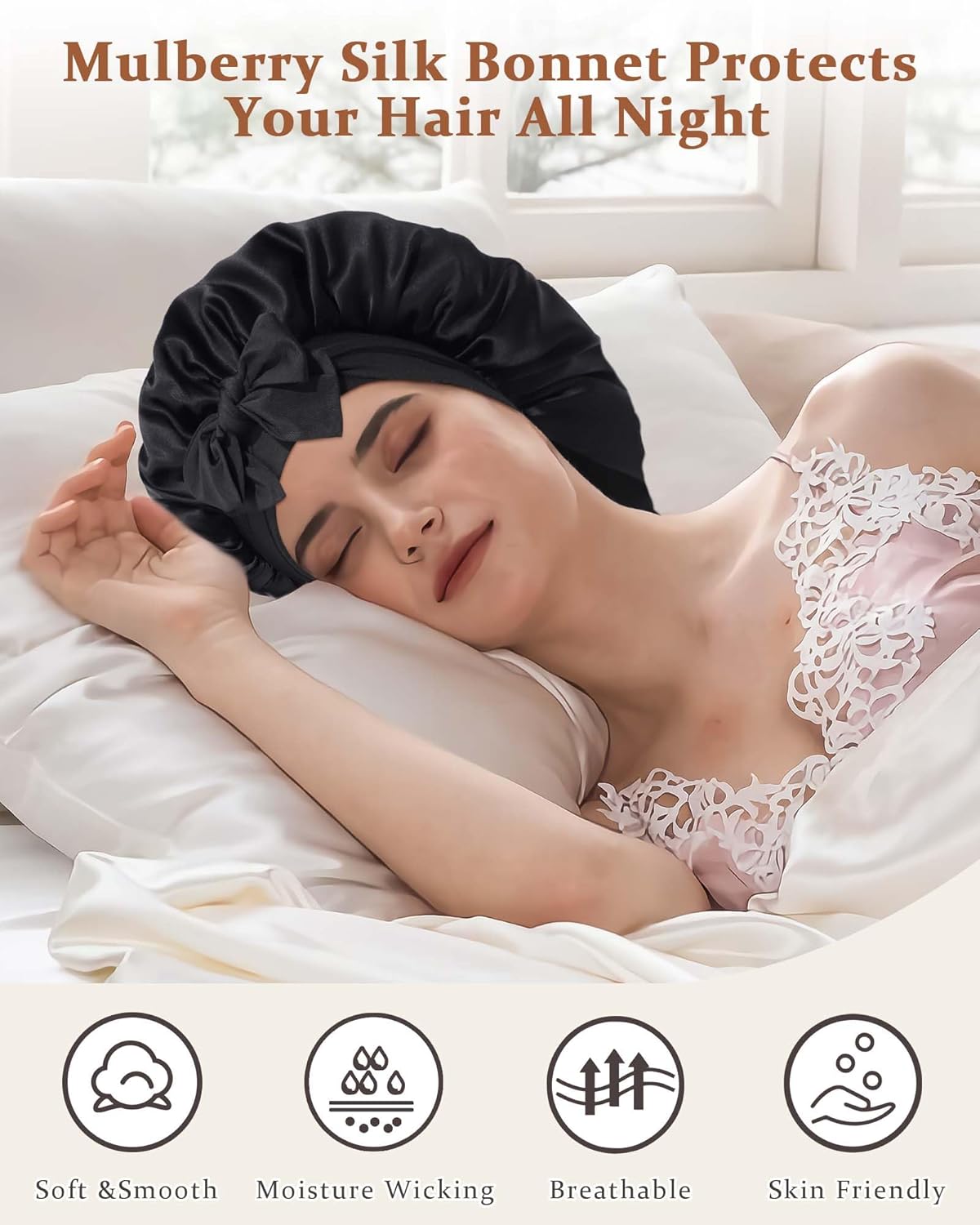 100% Mulberry Silk Bonnet for Sleeping Women Double Layer Silk Hair Bonnet Natural Silk Sleep Cap with Elastic Reversible Hair Wrap (Black)