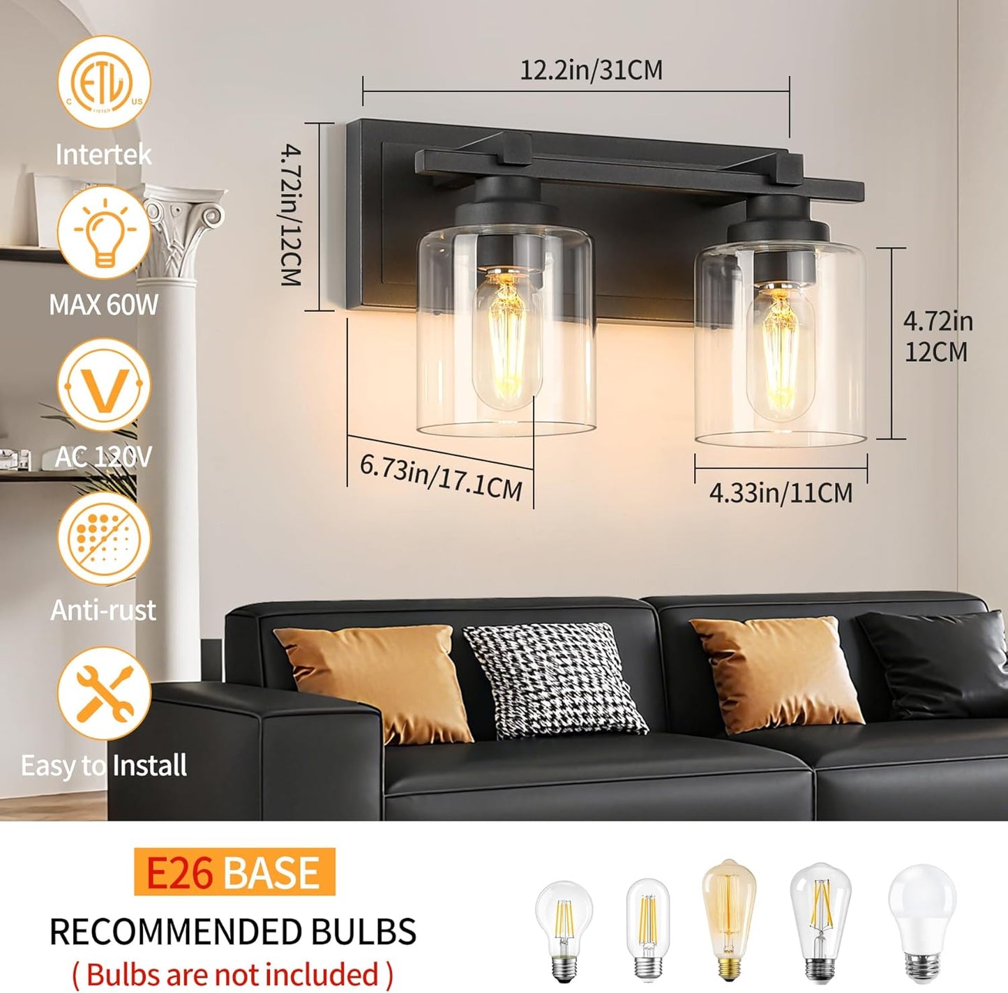 2 Light Modern Bathroom Light Fixtures Over Mirror, Bronze Finish Vanity Lights for Bathroom Wall Sconces with Clear Glass Shades, E26 Socket (Bulbs Not Included)