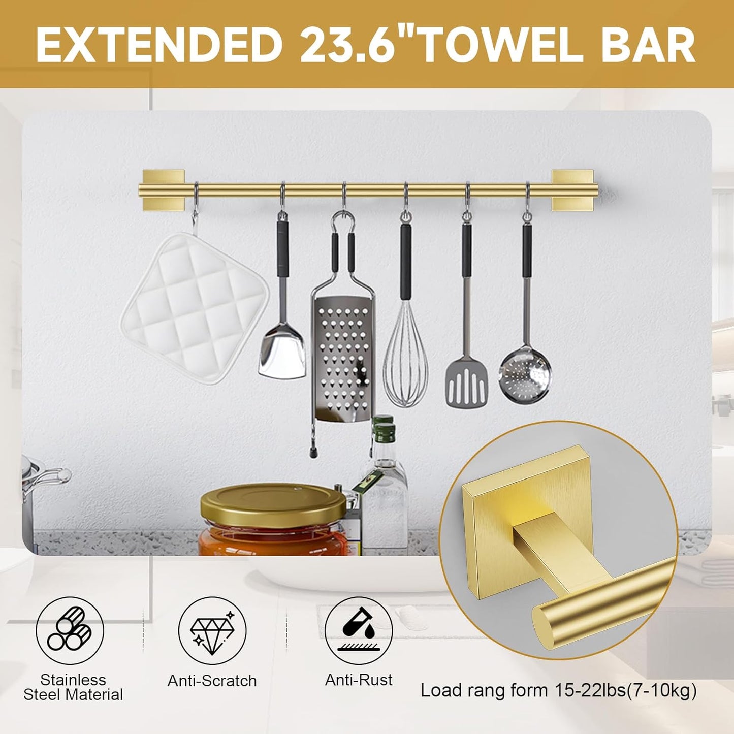 Brushed Gold Toilet Paper Holder Towel Bar Set, 5 Pieces Bathroom Hardware Accessories Set, 23.6 Inch Stainless Steel Towel Racks for Bathroom Wall Mounted