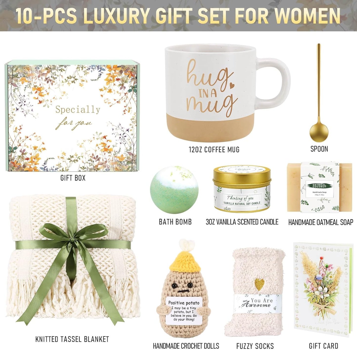 Self Care Gifts for Women Spa Gift Basket Birthday Gifts for Women, Get Well Soon Gift Baskets Thinking of You Relaxation Stress Relief Care Package, Christmas Gifts for Mom Friend Sister(Ivory)