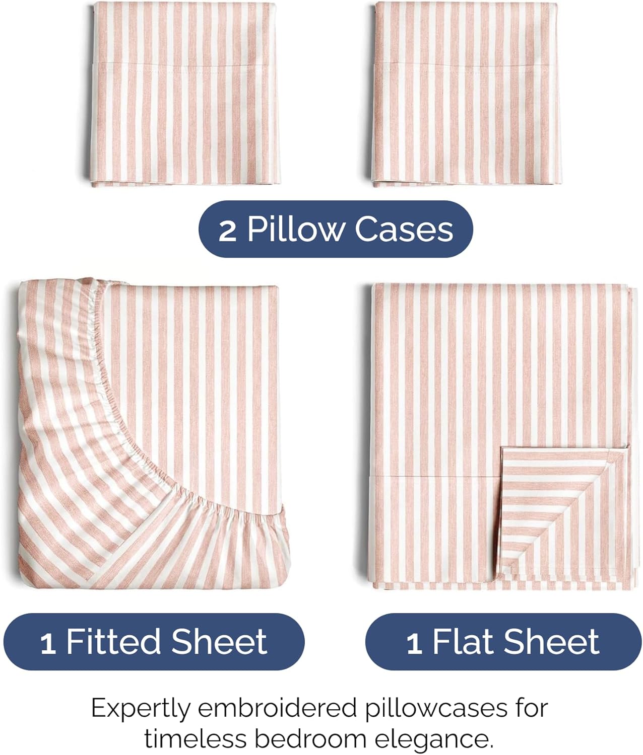 Queen Size 4-Piece Sheet Set - Extra Soft, Breathable & Cooling - Hotel Luxury Durable Bed Sheets - Deep Pockets, Easy-Fit & Wrinkle-Free - Blush Stripes Oeko-Tex