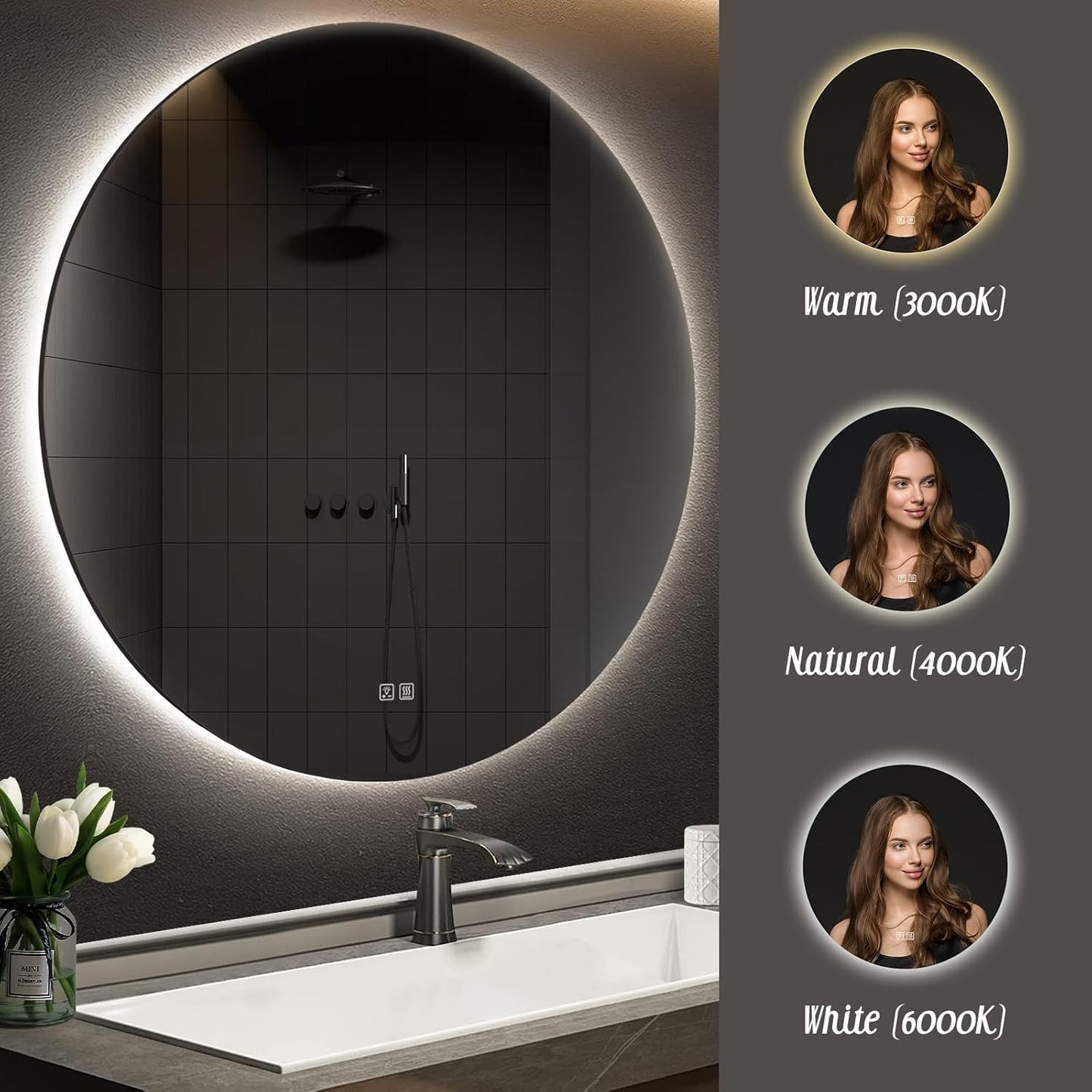 APRILSOUL 24 Inch Round LED Backlit Bathroom Mirror, Vanity Mirror with Anti-Fog, Touch Button, 3 Colors and Dimmable Light