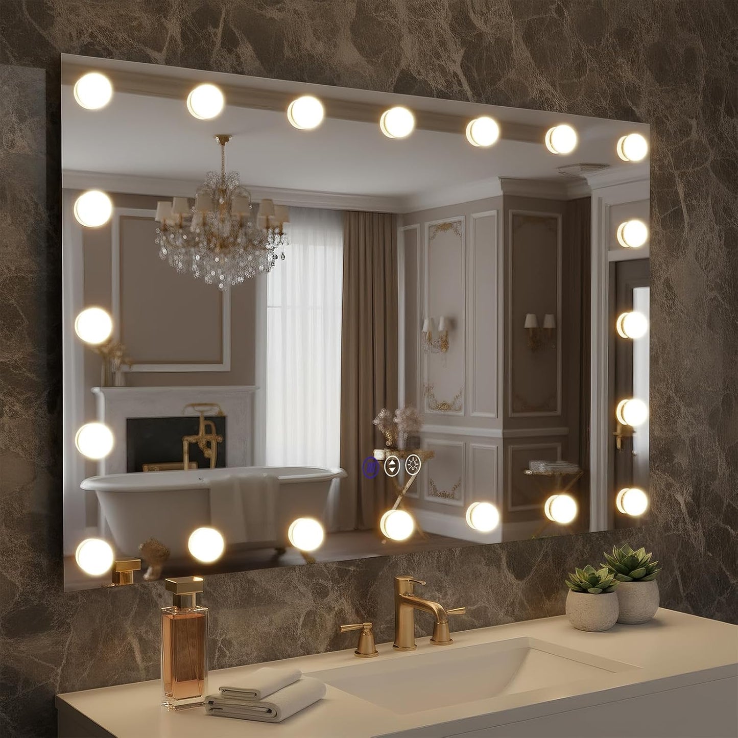 48x32 Lighted Bathroom Mirror, Hollywood Wall-Mounted Mirrors with LED Bulbs, 3 Color Temperatures and Step-Less Dimming, IP54 Enhanced Anti-Fog, Corrosion Proof, Touch Sense
