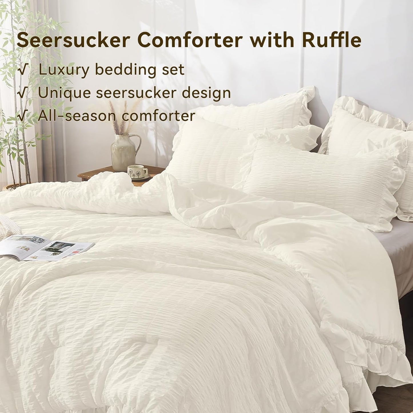 JOLLYVOGUE Ivory Twin Size Comforter Set, 2 Pieces Seersucker Lightweight Fluffy Bedding Set, Twin Ruffle Comforter, All Season Soft Microfiber Shabby Chic Bed Set