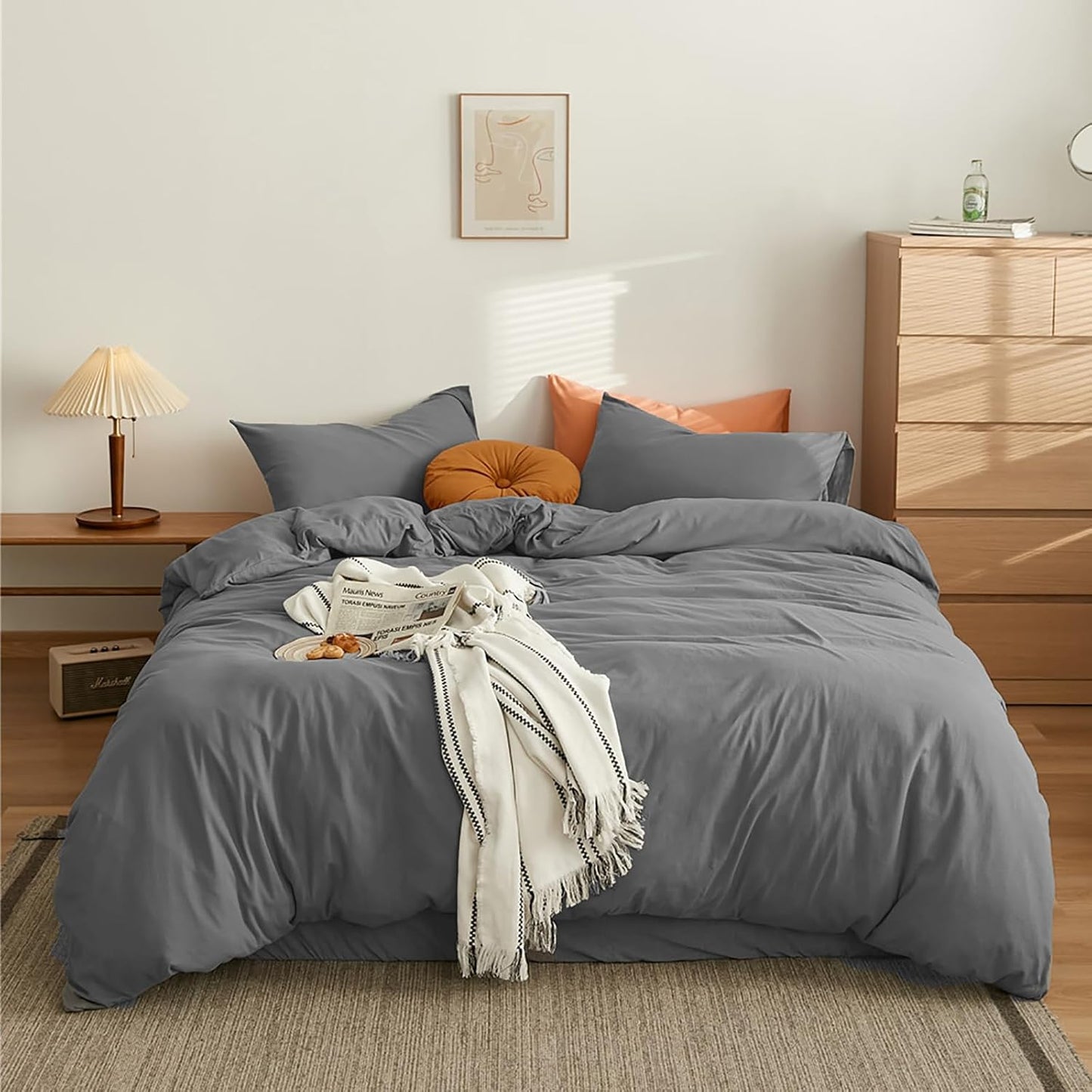 Cottonight Grey Comforter Sets Full Size Dark Grey Bedding Comforter Set Full Charcoal Gray Quilts Blanket Modern Solid 3PCS Smoke Gray Bedding Comforter Set for Men Boys Adults Full Bed