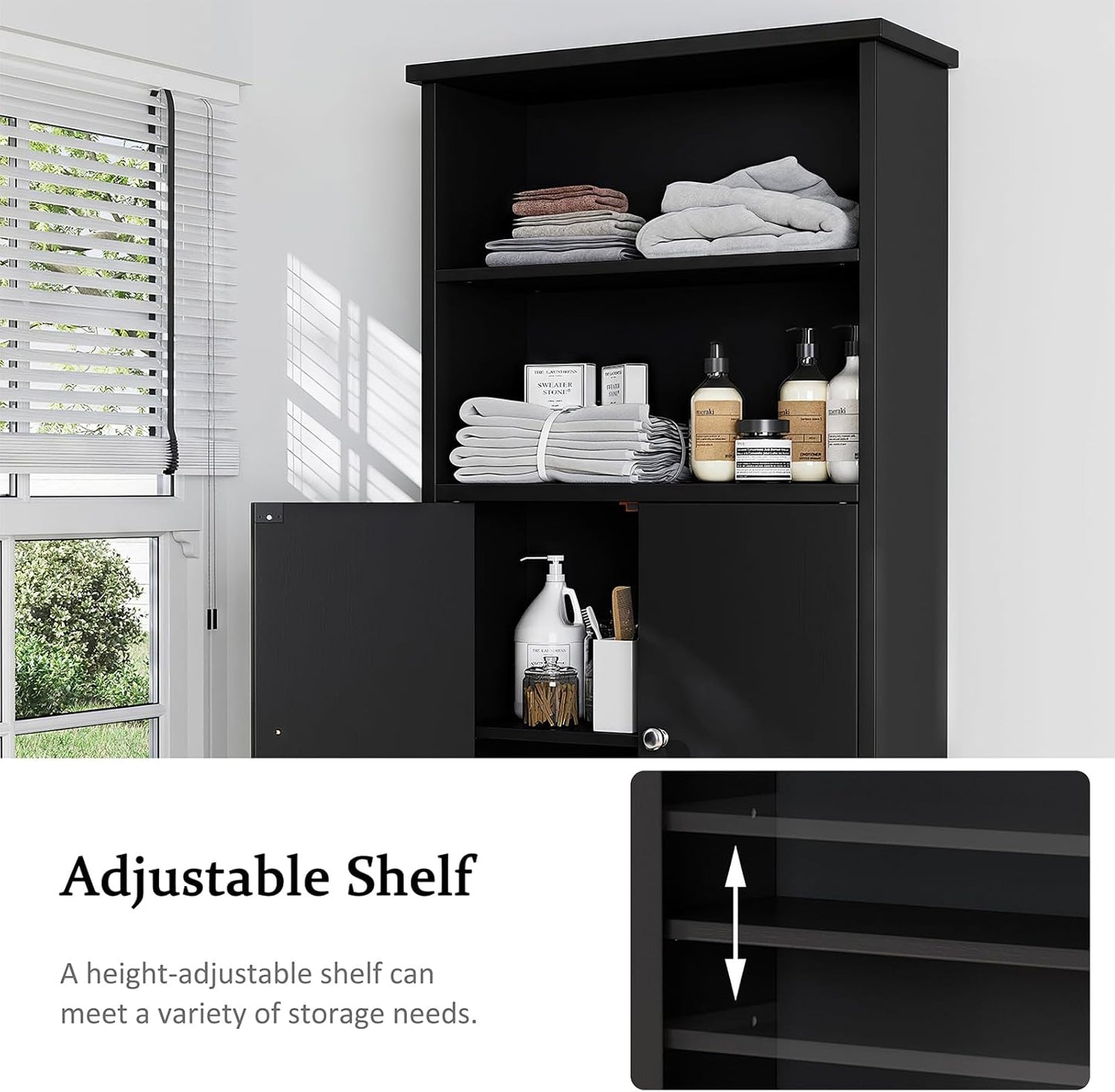 Meilocar Over The Toilet Storage Cabinet for Bathroom, 75in Black Over Toilet Cabinet Freestanding Storage Organizer, Space Saver with Doors and Adjustable Shelf, Black