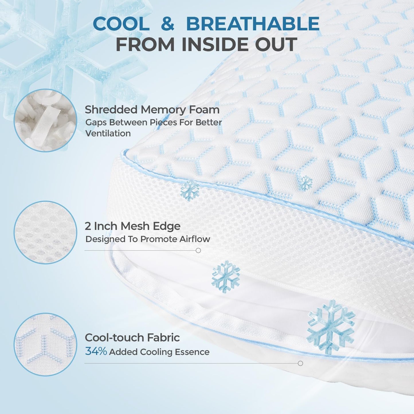Sweetnight Cooling Pillows King Size Set of 2, Shredded Memory Foam Pillows 2 Pack for Hot Sleepers, Cold Bed Pillows for Sleeping, Washable with Removable Cover, Cool Night