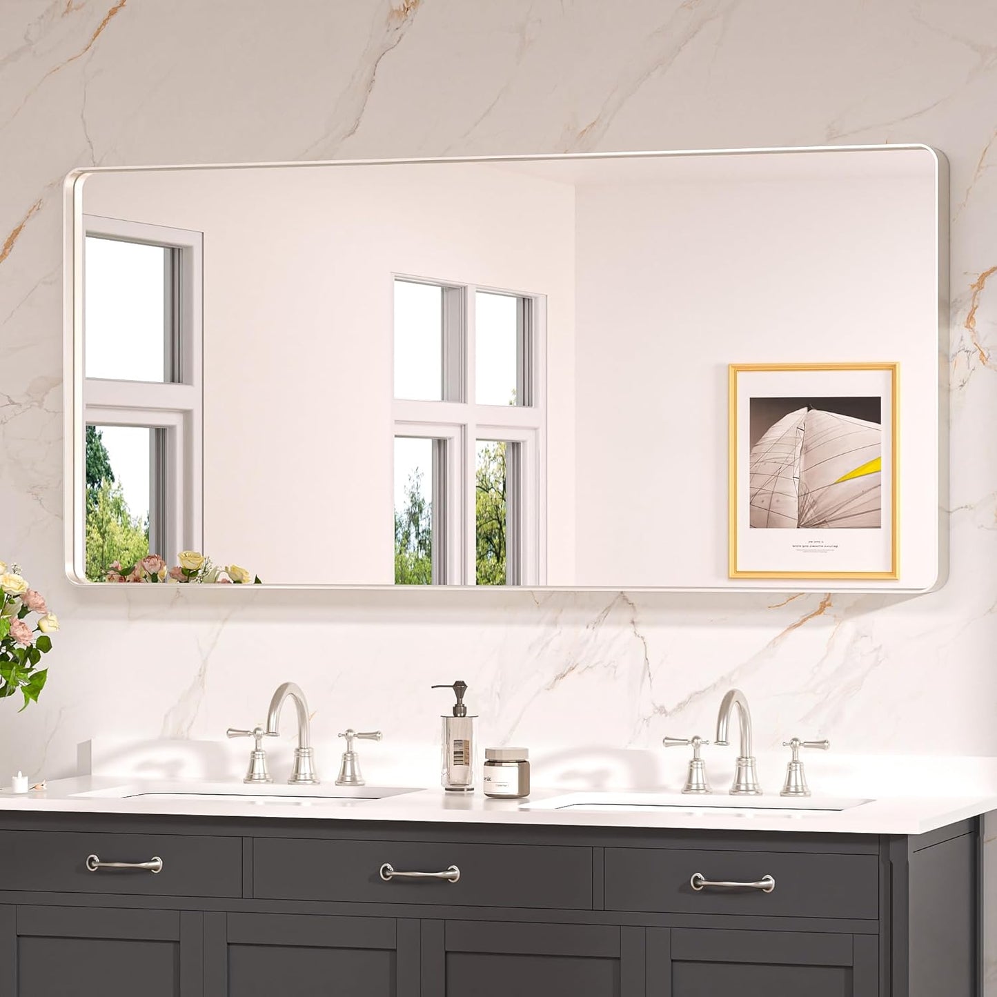 Keonjinn 60 x 28 Inch Brushed Nickel Bathroom Mirrors for Over Sink, Rounded Rectangle Silver Bathroom Vanity Mirror, Farmhouse Mirror for Wall, HD Tempered Glass, Anti-Rust Aluminum Alloy Mirror