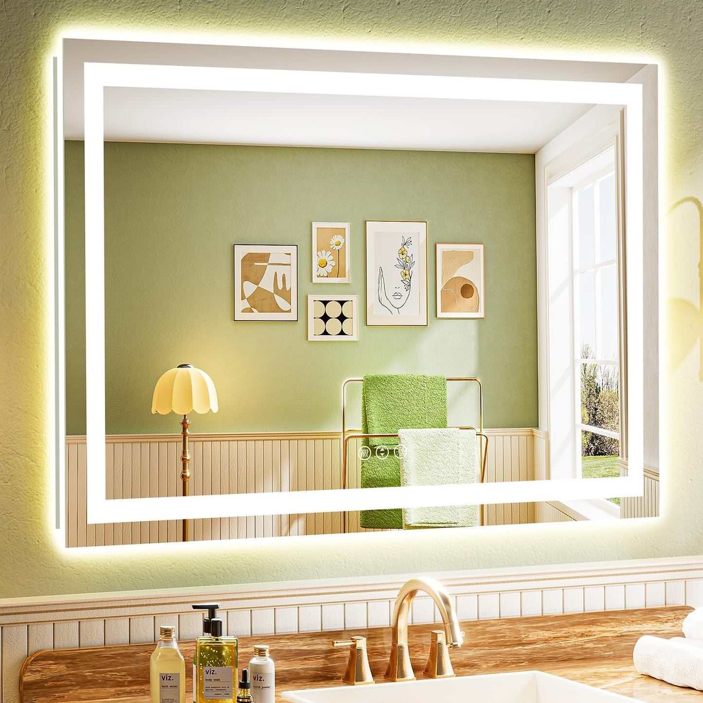 50x36 Inch LED Bathroom Mirror with Lights Front and Backlit Lighted Vanity Mirror for Bathroom Wall with 3 Colors Dimmable Anti-Fog Memory Shatter-Proof IP54 Waterproof Horizontal/Vertical