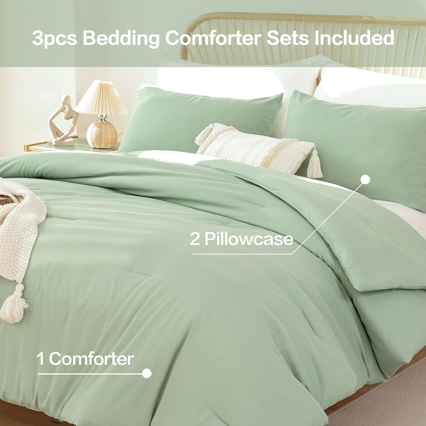 ROSGONIA King Size Sage Green Comforter Set - 3 Piece Bedding Set with Boho Style, Lightweight Down Alternative Comforter, Cozy Blanket Bedspreads Quilt for All Seasons