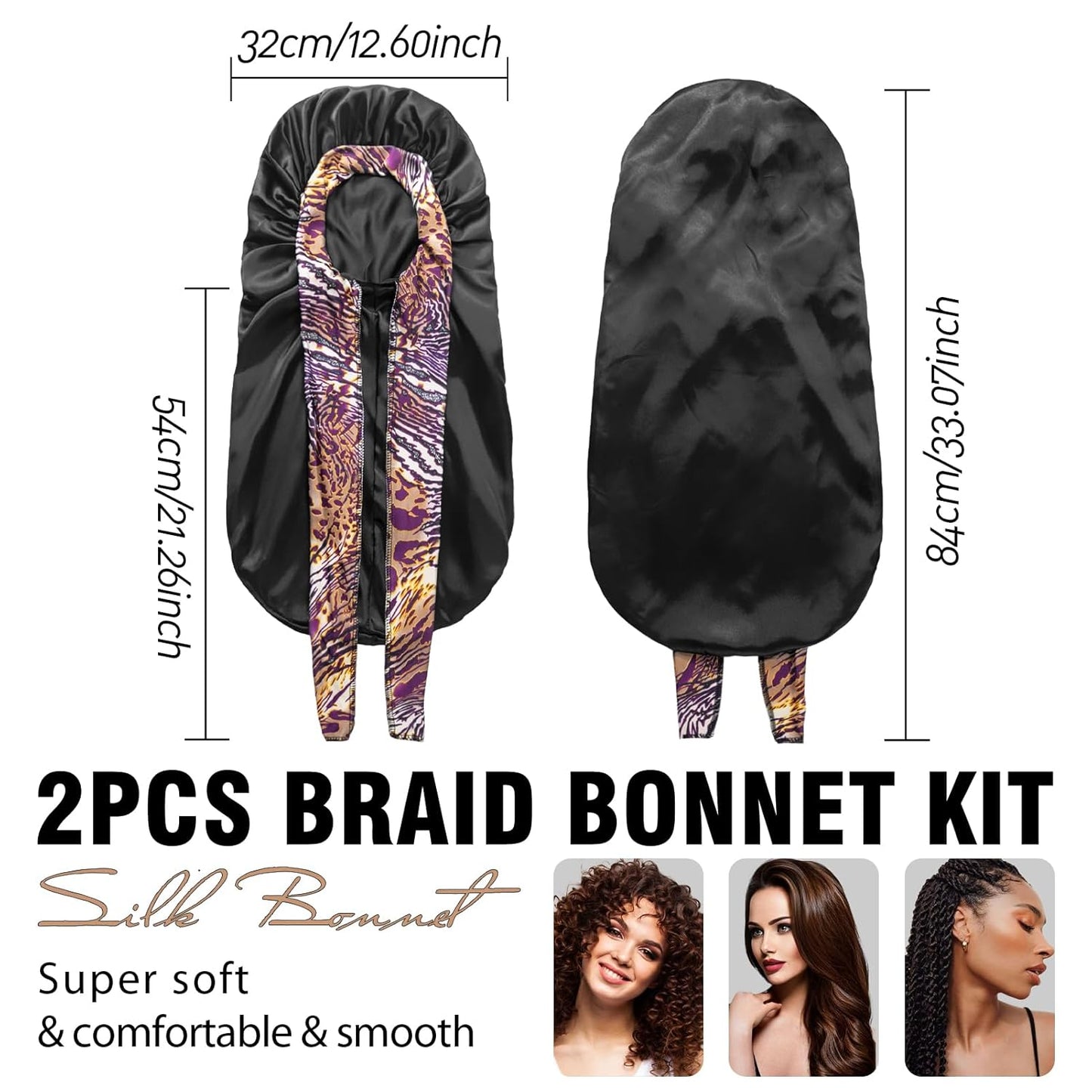 2Pcs Bonnets for Black Women Braid Bonnet, Large Long Satin Silk Bonnet for Braids,Black Women Braid Bonnet with Stretchy Tie Band for Sleeping Extra Long (Pink &Black Dark Pattern