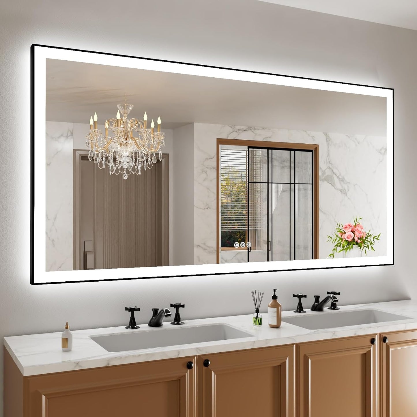 Amorho 72"x 32" LED Bathroom Mirror with Black Frame, Front Light and Backlit(Controlled Separately), Stepless Dimmable, Anti-Fog, Shatter-Proof, 3 Colors, Memory