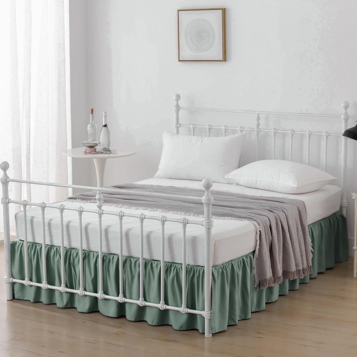 Bed Skirt King Size Ruffled Bed Skirts with Split Corners,16 Inch Drop Dust Ruffle Bed Skirt with Platform, Sage Green, 16" King